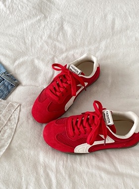 喜叔红色软底德训鞋女2026夏季新款百搭阿甘鞋复古运动休闲赛车鞋