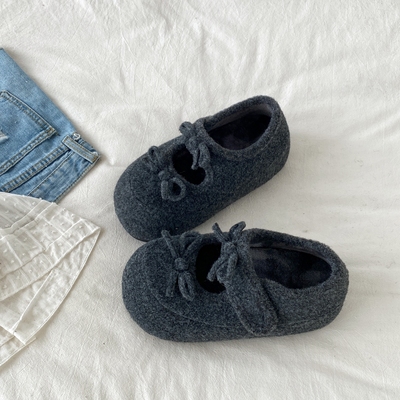灰色厚底毛呢玛丽珍鞋毛毛棉鞋子