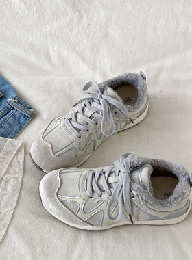 喜叔 灰色加绒休闲运动鞋女款秋冬复古保暖毛毛鞋二棉德训阿甘鞋