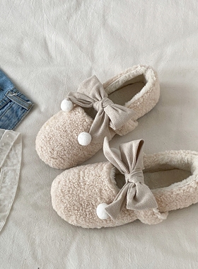 喜叔白色复古蝴蝶结毛毛鞋女款秋冬保暖加绒玛丽珍单鞋二棉豆豆鞋