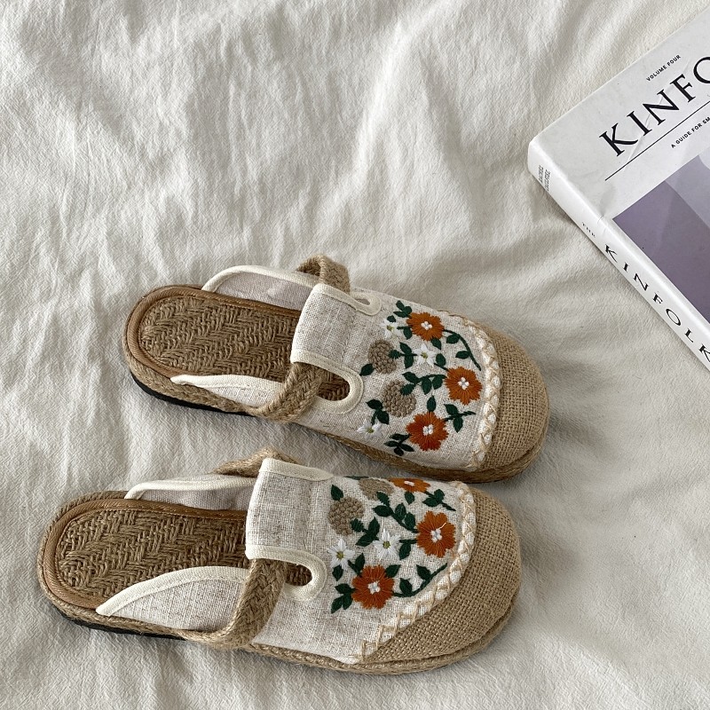 喜叔 田园风亚麻半拖鞋女秋外穿平底防滑一脚蹬懒人鞋绣花渔夫鞋,女鞋,包头拖,淘宝优惠券,粉丝福利购,淘宝优惠卷