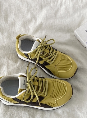 喜叔爆款黄色网面阿甘鞋女2025夏季新款轻便透气休闲运动鞋德训鞋
