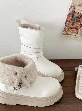 喜叔白色皮面厚底翻边雪地靴女冬季加绒保暖两穿增高短靴外穿棉靴