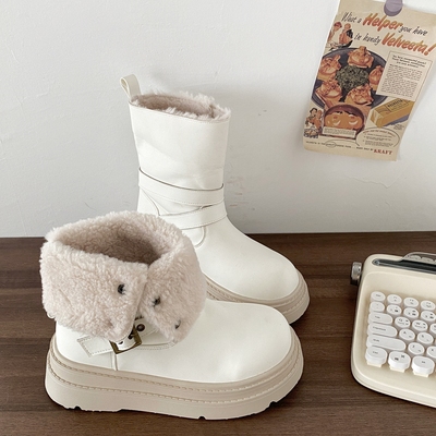 白色皮面厚底翻边雪地靴中筒棉靴