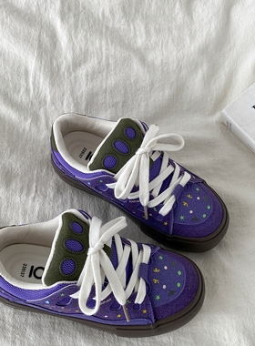 喜叔 小众紫色面包鞋女款2024新款秋冬百搭厚底板鞋休闲运动鞋子