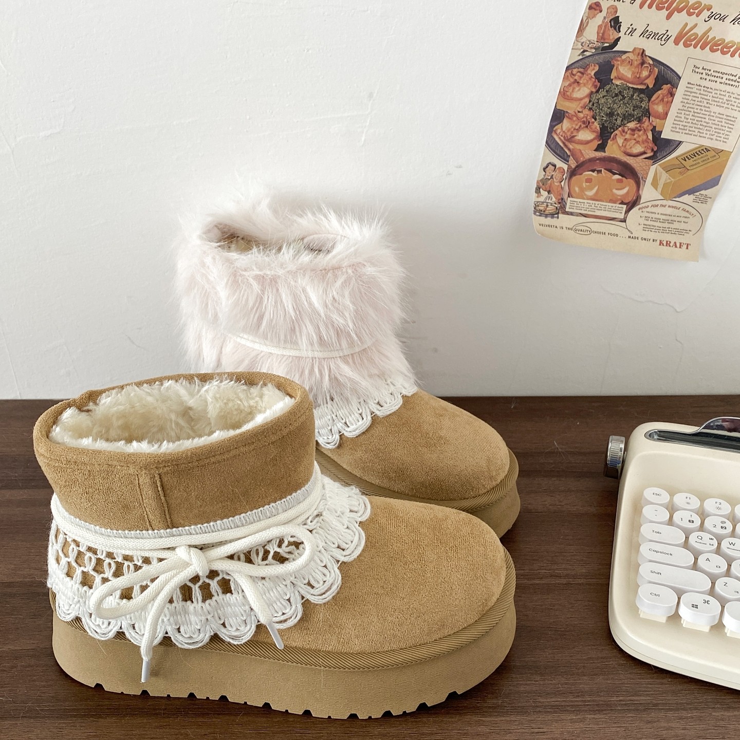 棕色厚底三穿毛毛雪地靴保暖棉靴