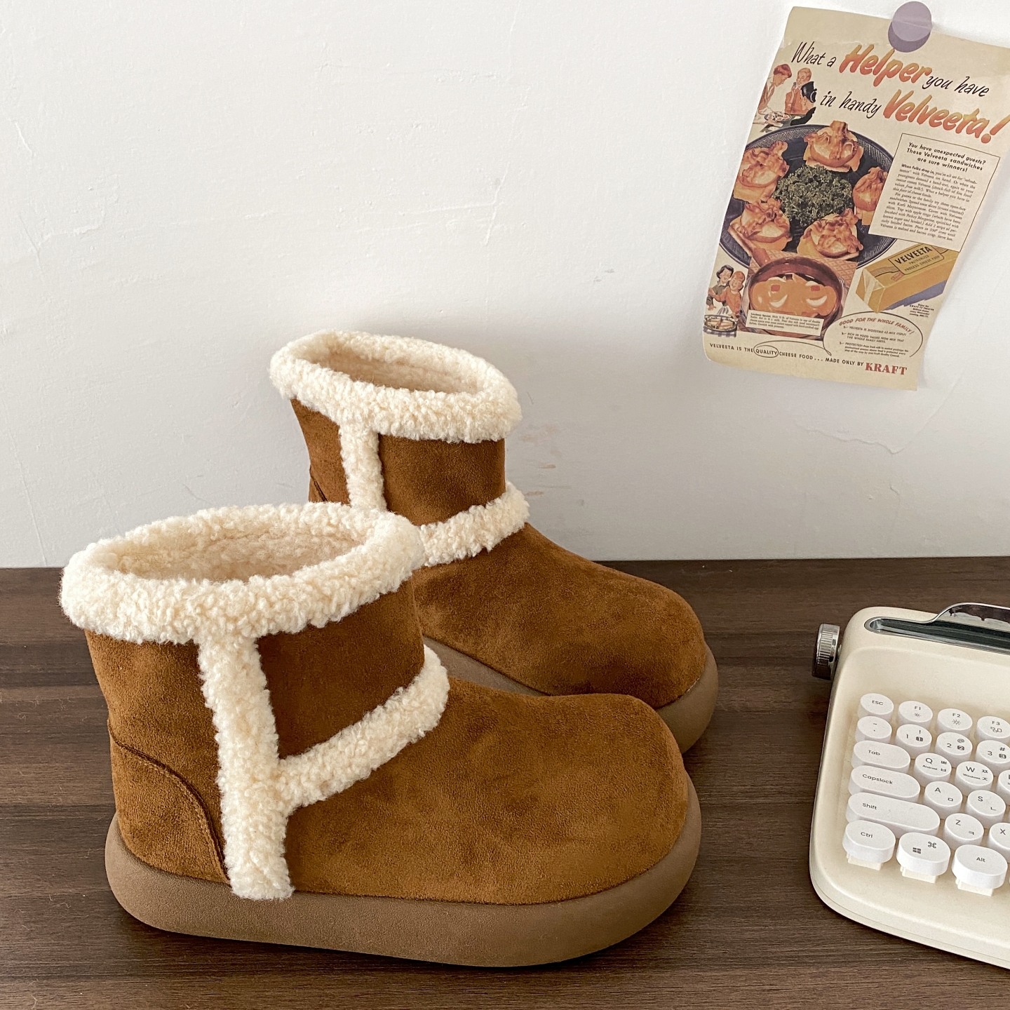 复古棕色毛毛雪地靴外穿防滑棉鞋