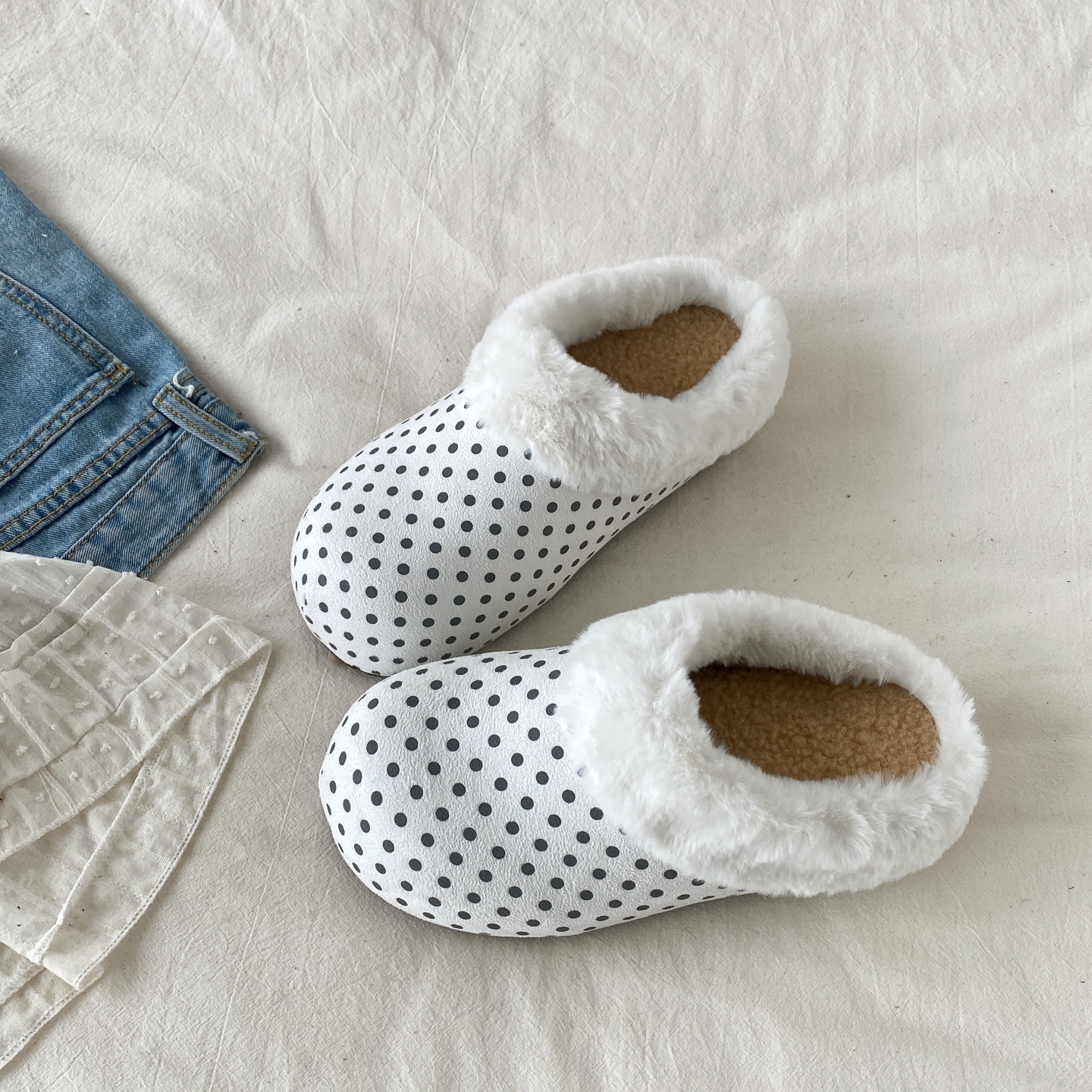 复古白色波点毛毛拖鞋勃肯半拖鞋