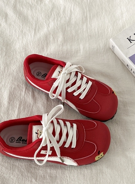 喜叔夏季单网透气红苹果德训鞋女2025新款软底休闲运动鞋泡芙板鞋