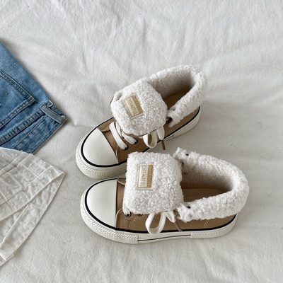 复古厚底高帮加绒帆布鞋二棉板鞋