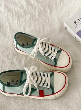 喜叔 复古绿色芒果头帆布鞋女款ins潮夏季薄款透气板鞋丑萌大头鞋