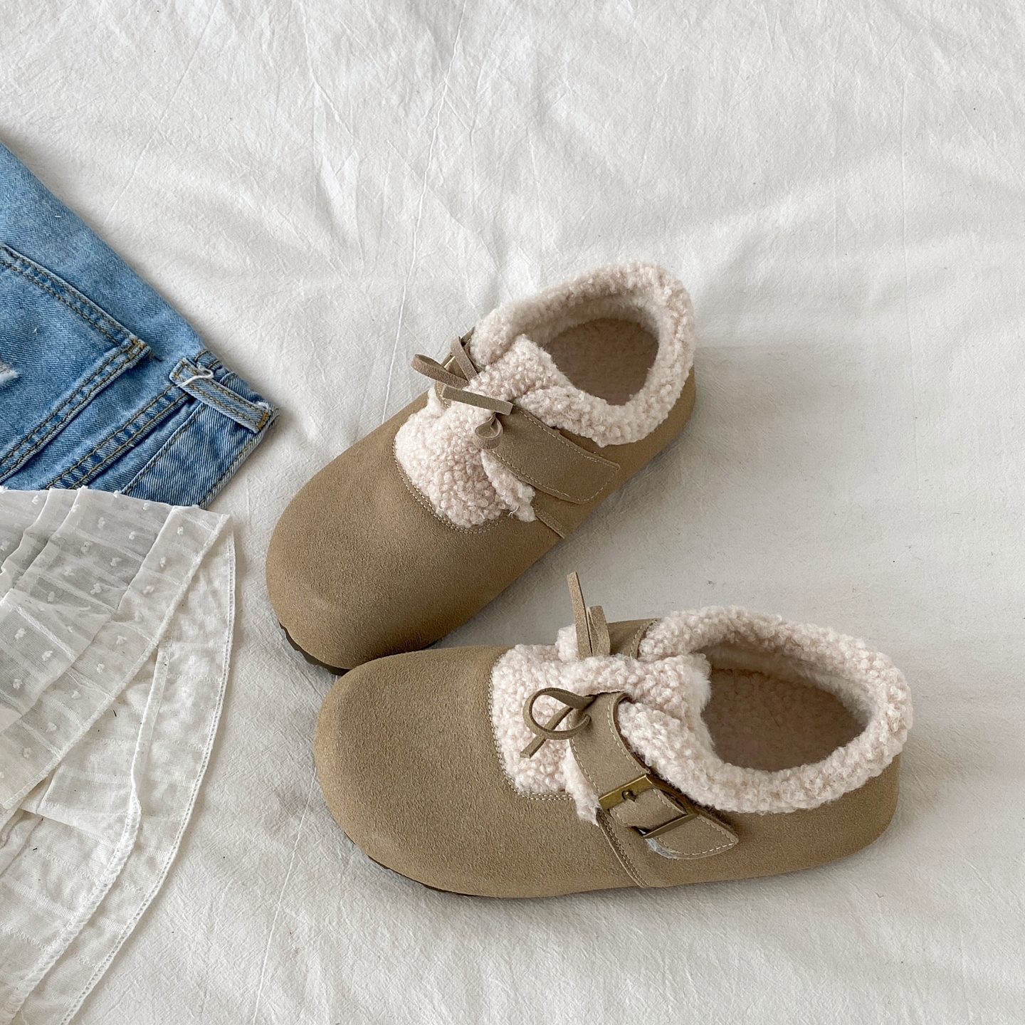 时尚蝴蝶结勃肯棉鞋厚底毛毛棉鞋