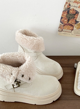 喜叔爆款白色两穿厚底雪地靴女款冬季保暖加绒棉鞋时尚显瘦短靴子