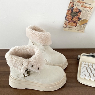 时尚 喜叔爆款 保暖加绒棉鞋 冬季 显瘦短靴子 白色两穿厚底雪地靴女款