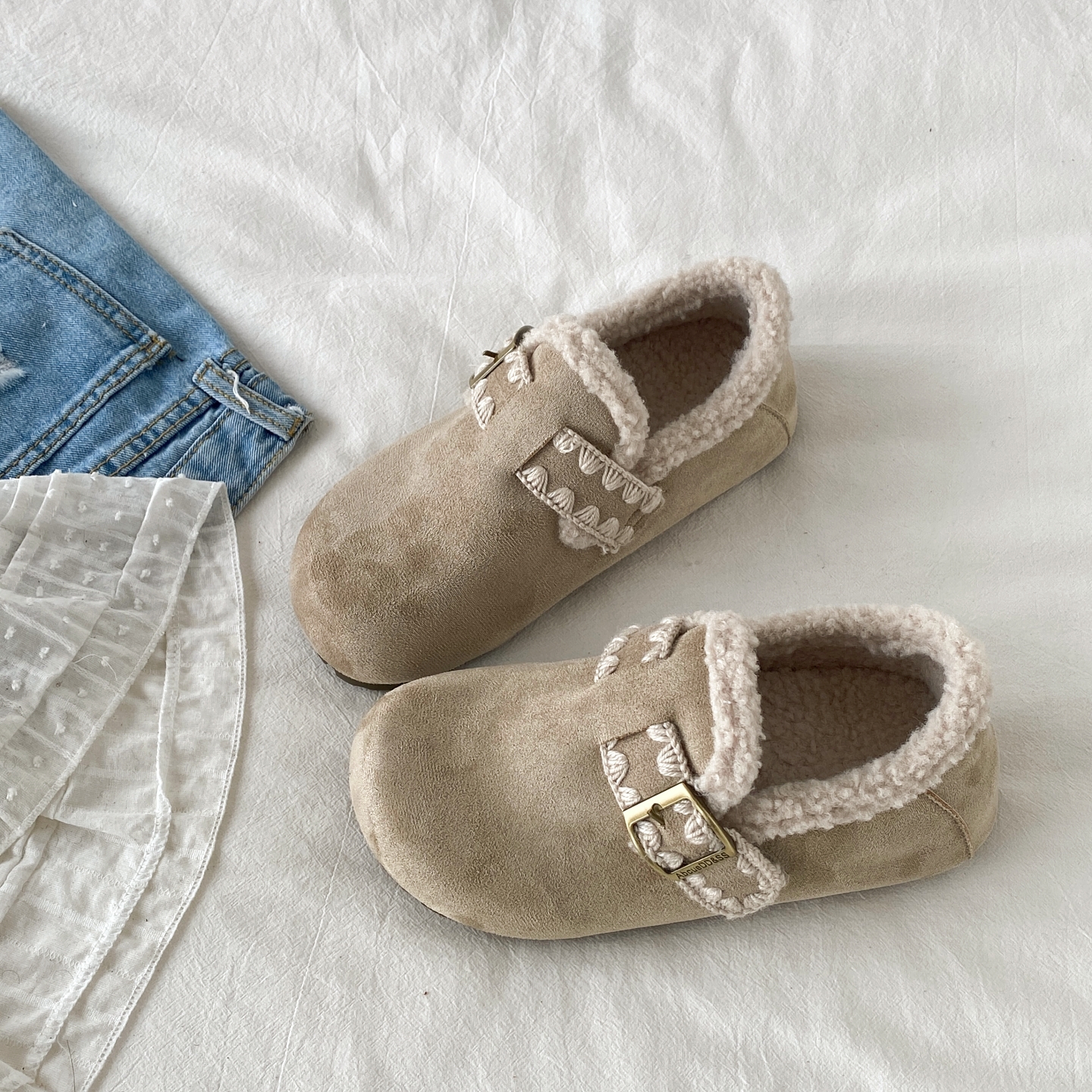 冬季保暖加绒勃肯鞋一脚蹬毛毛鞋