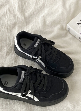 喜叔 黑色厚底德训鞋女款ins潮春秋百搭运动休闲鞋复古板鞋小黑鞋