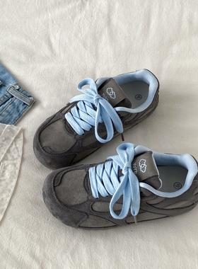 喜叔 灰蓝撞色小众德训鞋女款ins潮复古百搭休闲运动鞋平底阿甘鞋