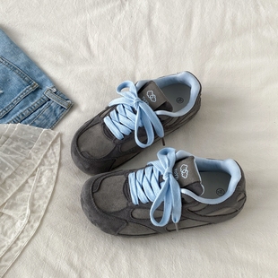 平底阿甘鞋 喜叔 ins潮复古百搭休闲运动鞋 女款 灰蓝撞色小众德训鞋