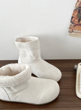 喜叔韩版白色平底雪地靴女2025新款冬季保暖加绒棉鞋毛绒勃肯短靴