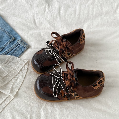 复古棕色豹纹德训鞋丑萌大头板鞋