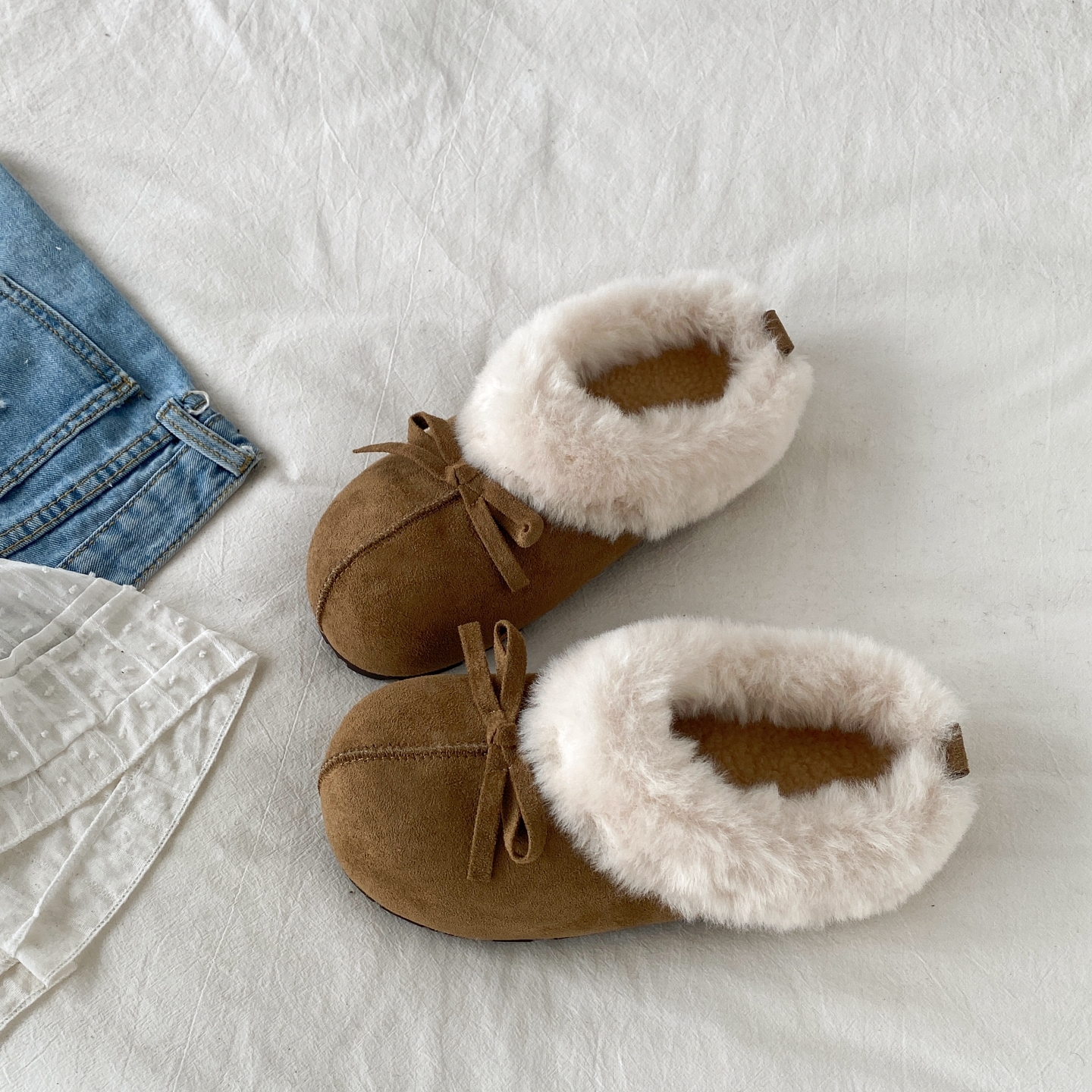 复古蝴蝶结毛毛拖鞋外穿厚底棉拖