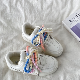 喜叔 小众彩虹鞋带小白鞋女2025新款春季百搭厚底板鞋休闲面包鞋