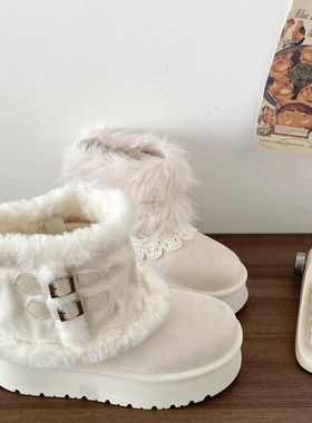 喜叔白色厚底毛绒雪地靴女2025冬季新款保暖加绒棉鞋两穿时尚短靴