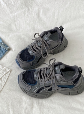 喜叔 灰蓝色加绒厚底运动休闲鞋女款ins潮百搭显脚小老爹鞋棉鞋子