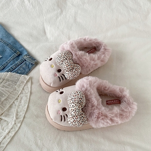 喜叔粉色HelloKitty厚底棉拖鞋女款秋冬外穿室内保暖防滑毛毛拖鞋