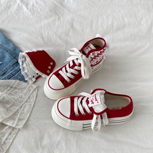 喜叔两穿厚底红色高帮帆布鞋女2026春季新款复古板鞋增高休闲女鞋