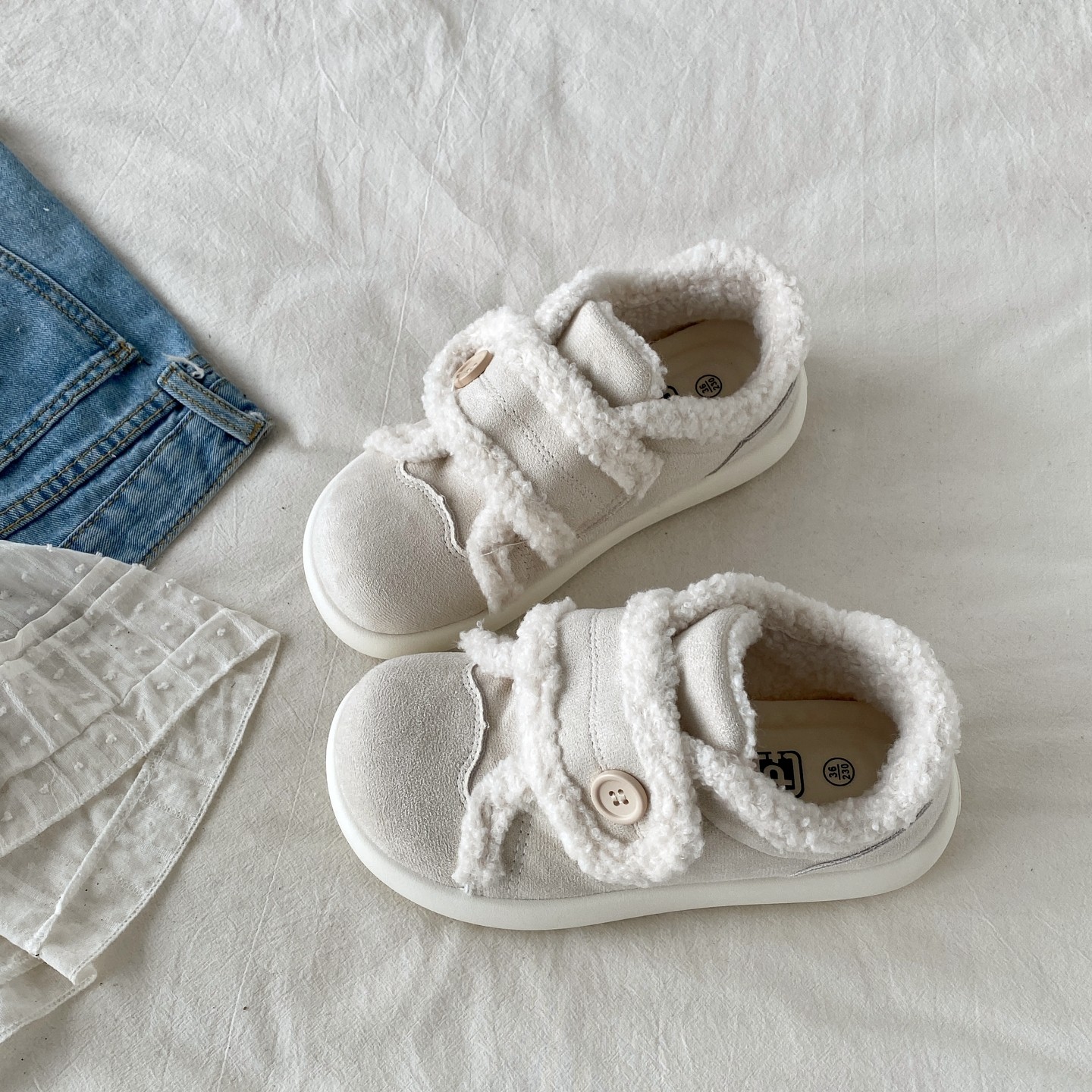 喜叔 白色魔术贴毛毛棉鞋女款冬季保暖加绒雪地靴丑萌大头面包鞋,女鞋,棉鞋,淘宝优惠券,粉丝福利购,淘宝优惠卷