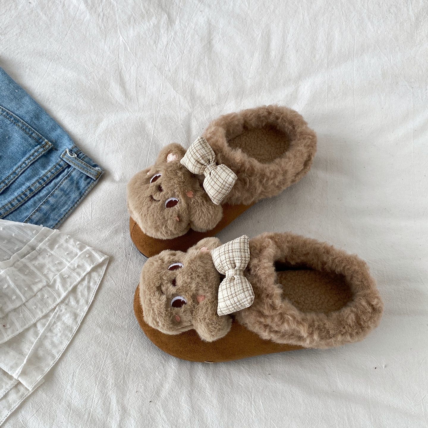 可爱小熊加绒半拖勃肯鞋包头棉拖