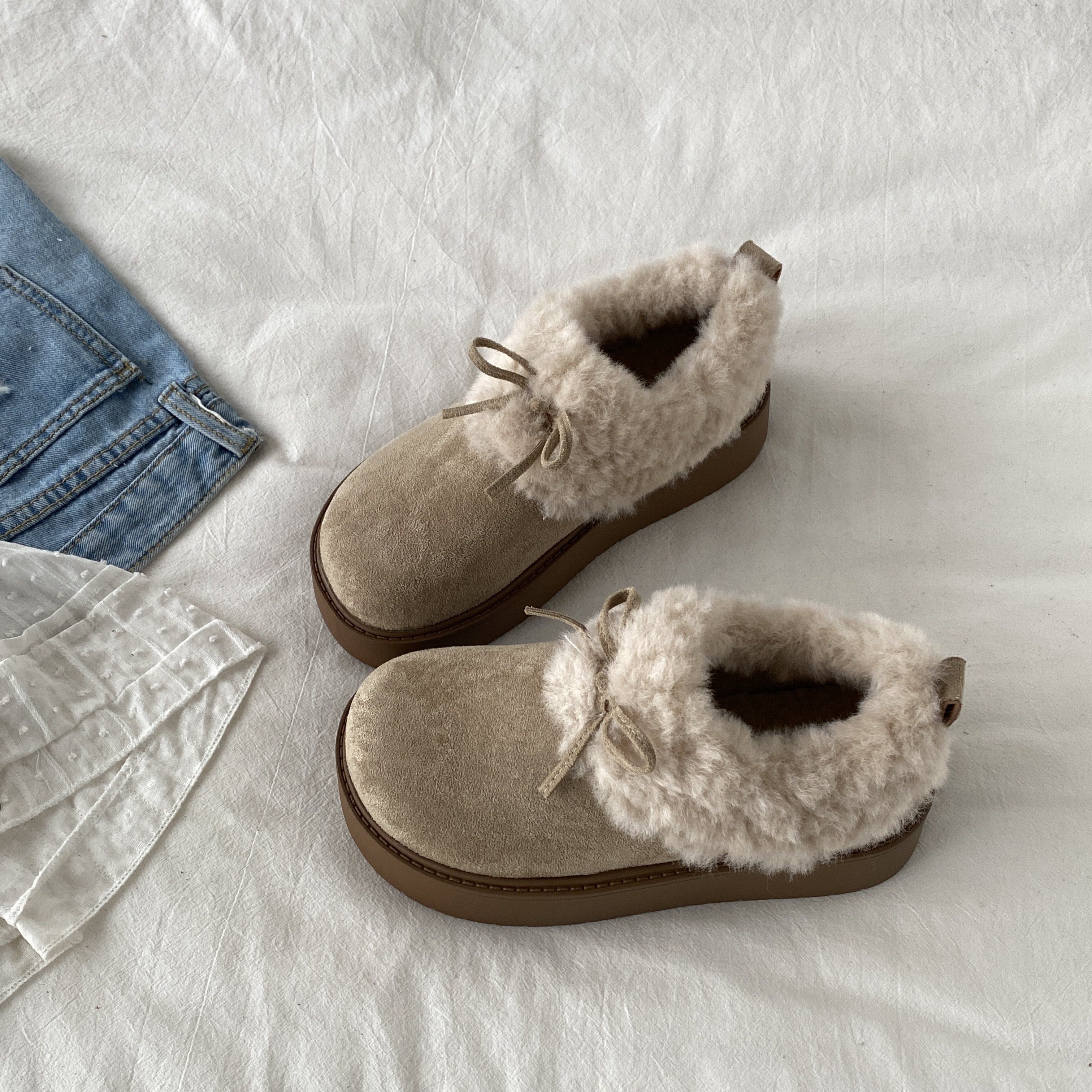 喜叔蝴蝶结厚底加绒毛毛勃肯鞋女冬2025新款外穿保暖防滑雪地棉鞋,女鞋,棉鞋,淘宝优惠券,粉丝福利购,淘宝优惠卷