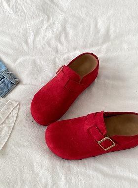 喜叔 复古红色勃肯鞋女款内增高厚底一脚蹬懒人鞋外穿包头半拖鞋