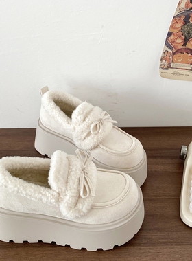 喜叔复古白色厚底勃肯毛毛鞋女款冬季外穿加绒乐福鞋保暖雪地棉鞋