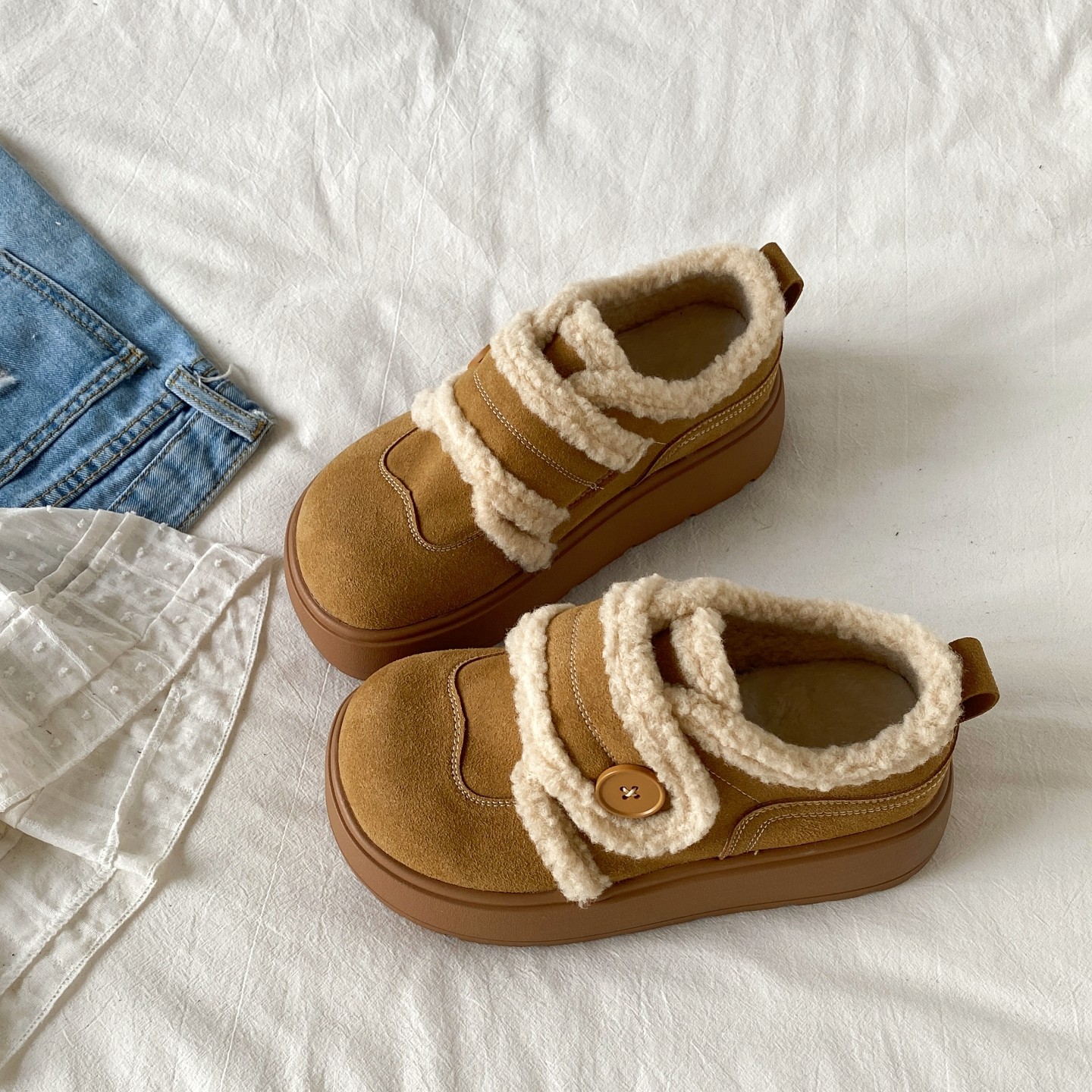 丑萌棕色厚底加绒勃肯鞋面包棉鞋