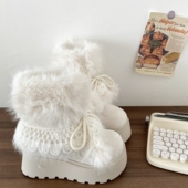 增高保暖加绒棉鞋 喜叔白色厚底毛球费尔岛雪地靴女款 冬季 毛毛短靴