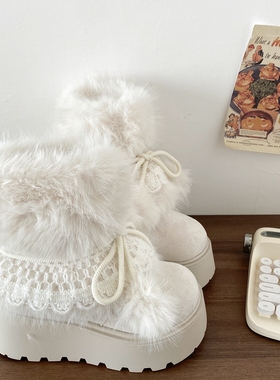 喜叔白色厚底毛球费尔岛雪地靴女款冬季增高保暖加绒棉鞋毛毛短靴