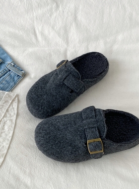 喜叔灰色毛毛勃肯拖鞋女外穿2025新款秋冬保暖加绒包头半拖鞋棉鞋