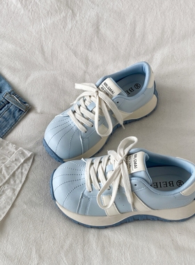 喜叔 奶蓝色大头丑萌德训鞋女ins潮小众厚底休闲运动鞋复古阿甘鞋