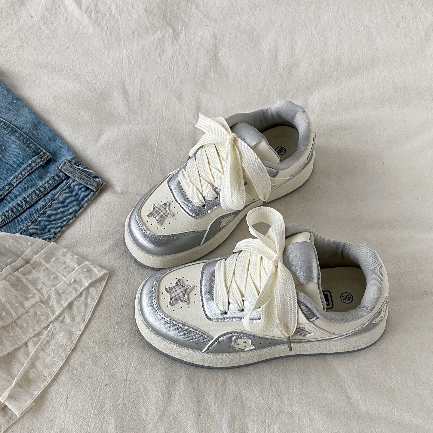喜叔小众银色星星板鞋女2026春季新款厚底小白鞋复古运动休闲鞋潮,女鞋,休闲板鞋,淘宝优惠券,粉丝福利购,淘宝优惠卷