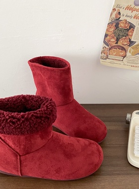 喜叔 红色保暖雪地靴女2025新款冬季加绒棉鞋丑萌大头勃肯短靴子