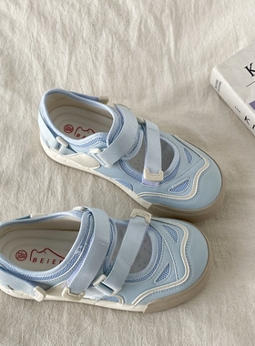 喜叔蓝色镂空魔术贴板鞋女款夏季透气网面玛丽珍单鞋丑萌运动凉鞋