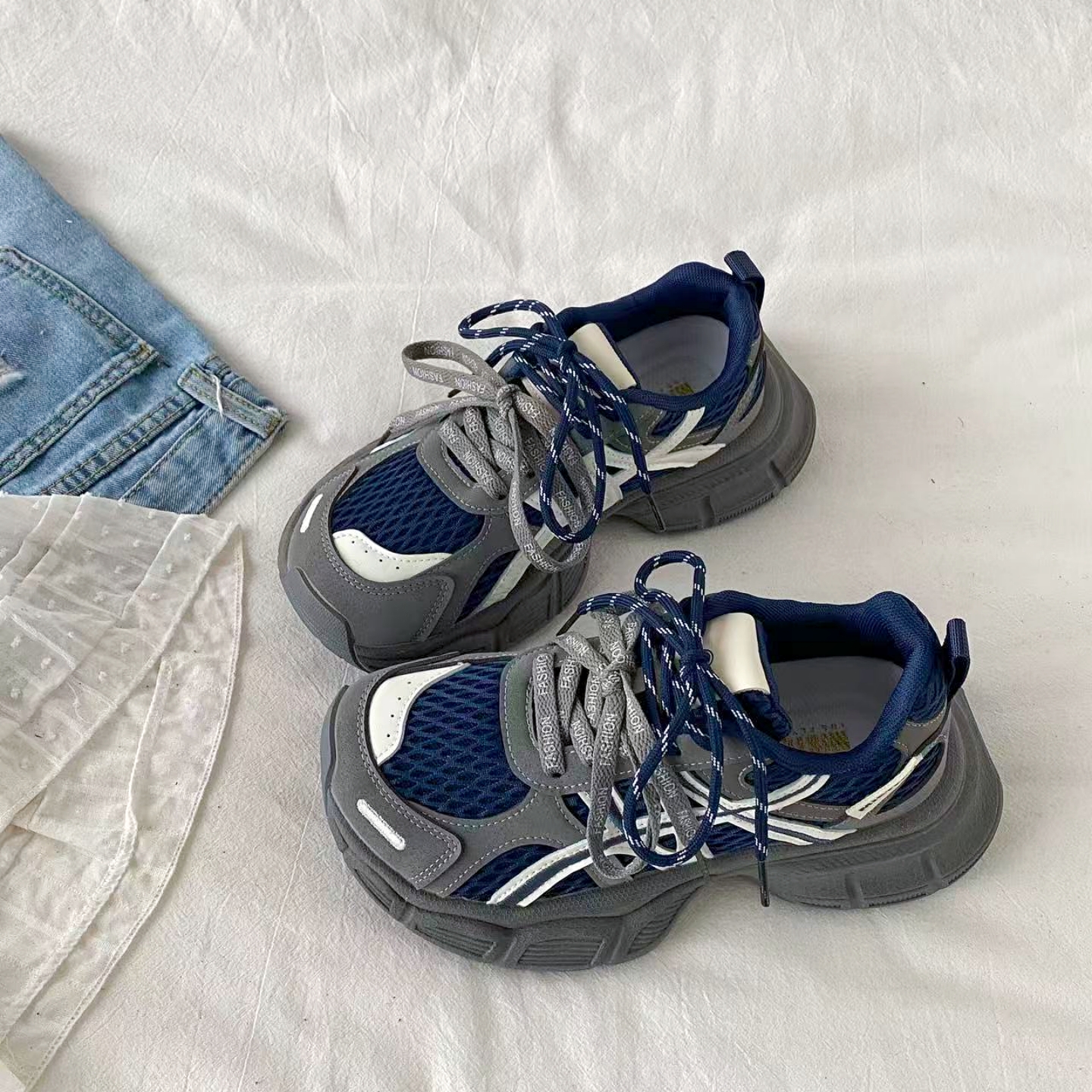 复古拼色厚底老爹鞋显脚小运动鞋