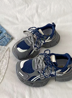 喜叔 复古灰蓝撞色厚底老爹鞋女款ins潮港风小众休闲运动鞋跑步鞋