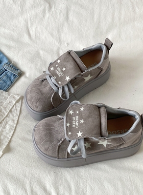 喜叔复古灰色厚底星星德训鞋女款秋冬小众丑萌面包鞋增高休闲板鞋