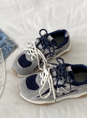喜叔 灰蓝色小众厚底德训运动鞋女款ins潮秋季百搭休闲板鞋阿甘鞋