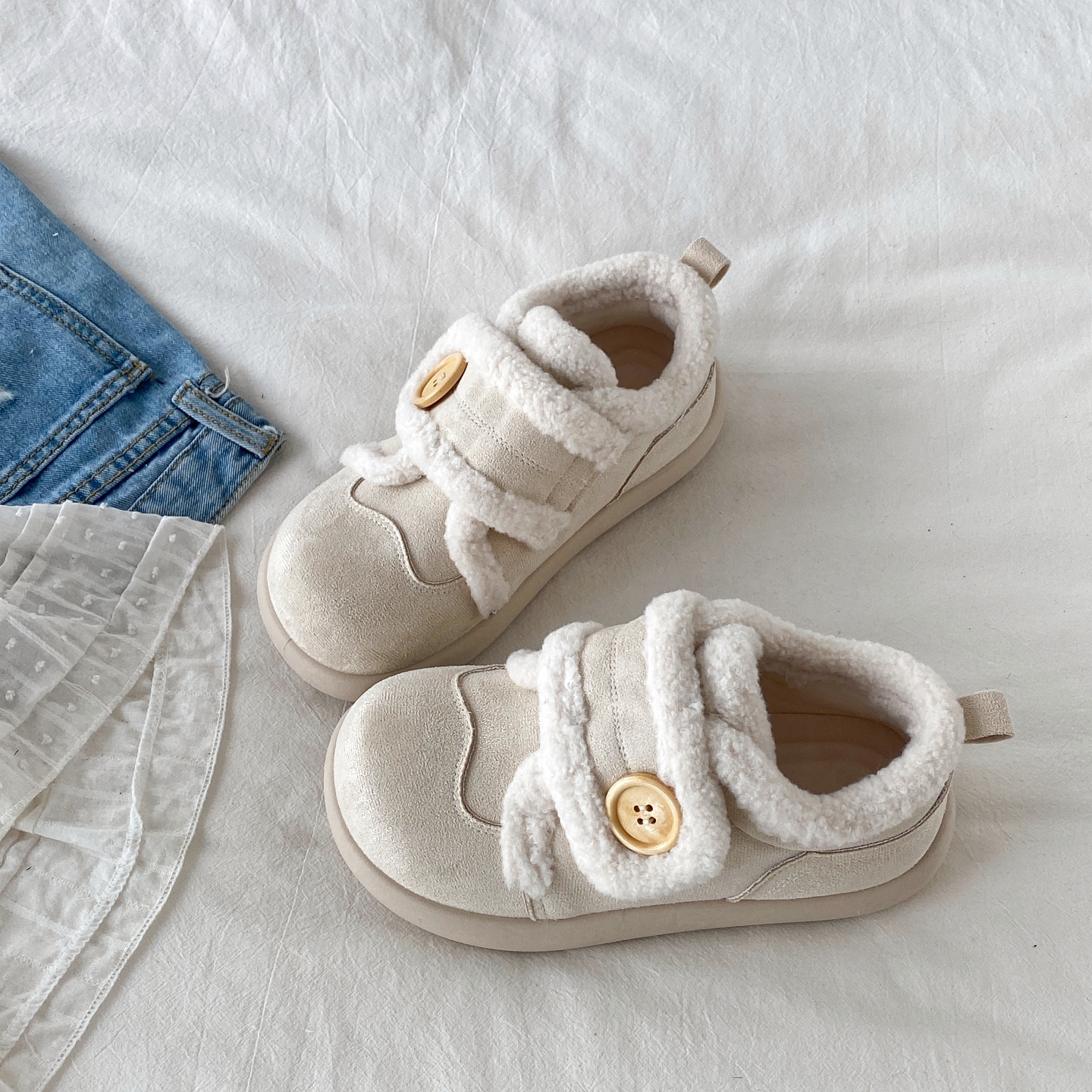 可爱魔术贴棉鞋加绒保暖毛毛鞋子