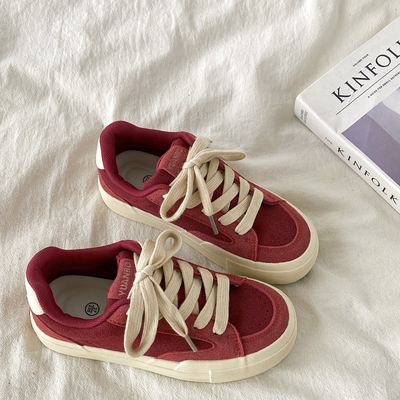 红色板鞋女款春秋百搭德训面包鞋