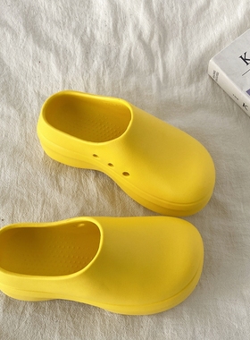 喜叔 黄色厨师鞋女款2025新款夏季外穿厚底包头半拖鞋穆勒凉拖鞋